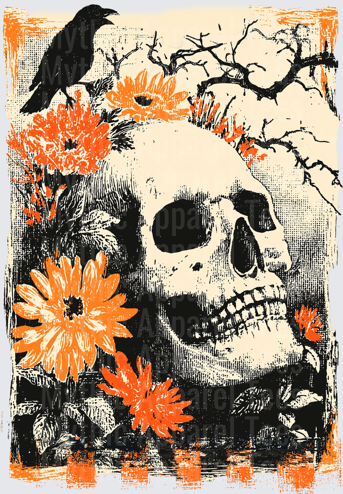 Distressed Halloween Skull With Black Crow Orange Marigolds And Bare Branches Gothic Woodcut Style Art