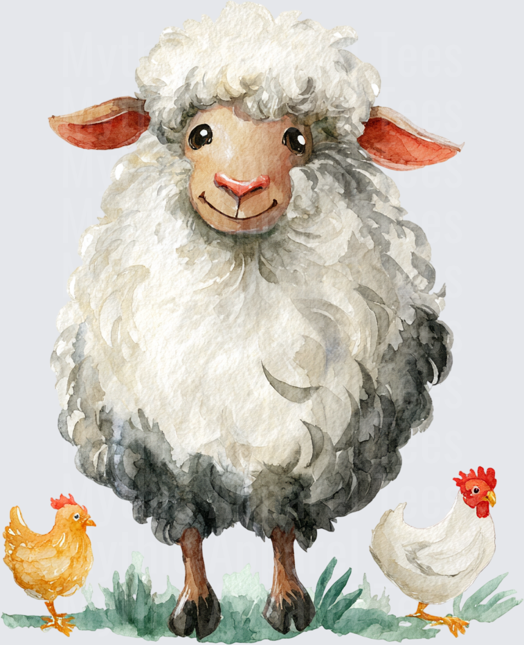 Cute Watercolor Fluffy Sheep with Yellow and White Chickens on Green Grass