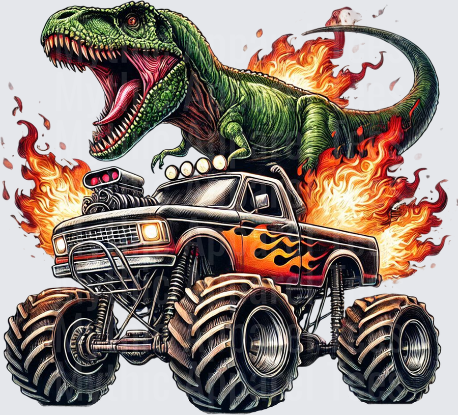 Roaring T-Rex Riding Flame Monster Truck with Fire Blast