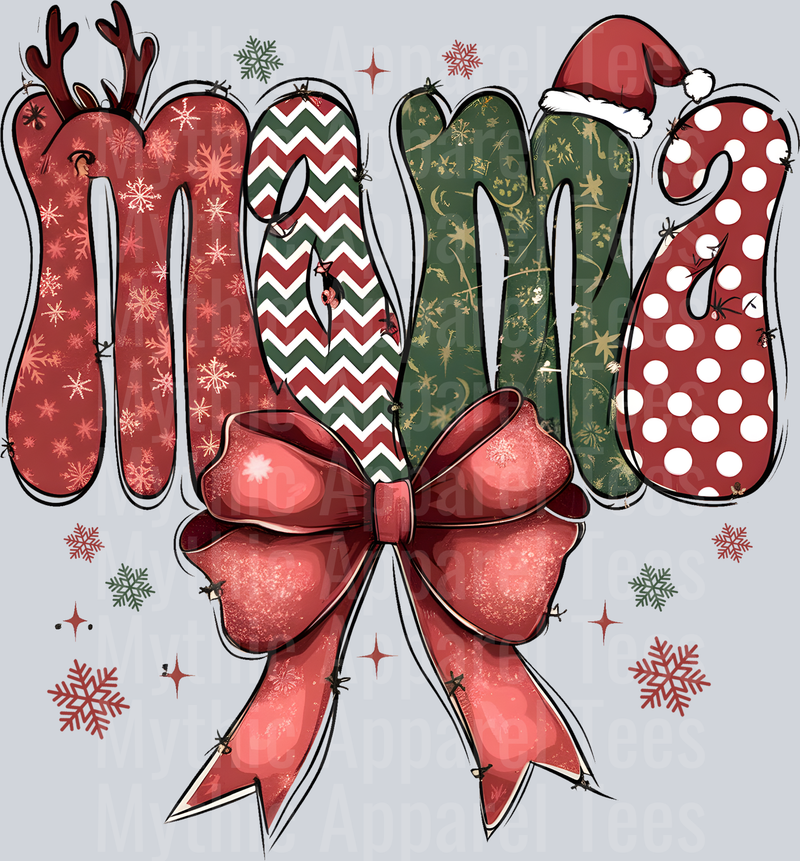 mama christmas antlers and red bow santa hat DTF Christmas Transfers