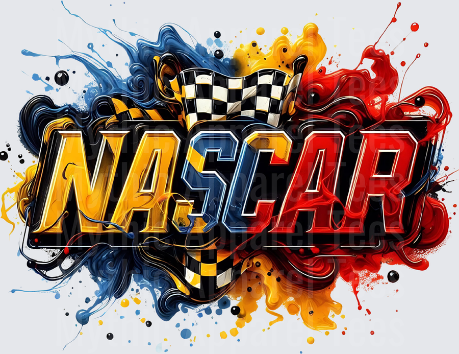 NASCAR Bold Graffiti Text with Checkered Flag and Colorful Paint Splash Explosion in Red Yellow and Blue