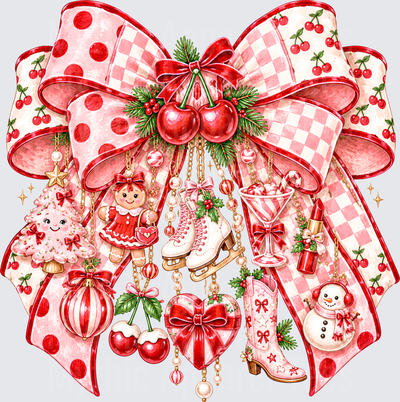 Coquette Christmas Pink and Red Bow with Cherries Gingerbread Girl Ice Skates Cowboy Boot Snowman Holiday Charm Cluster