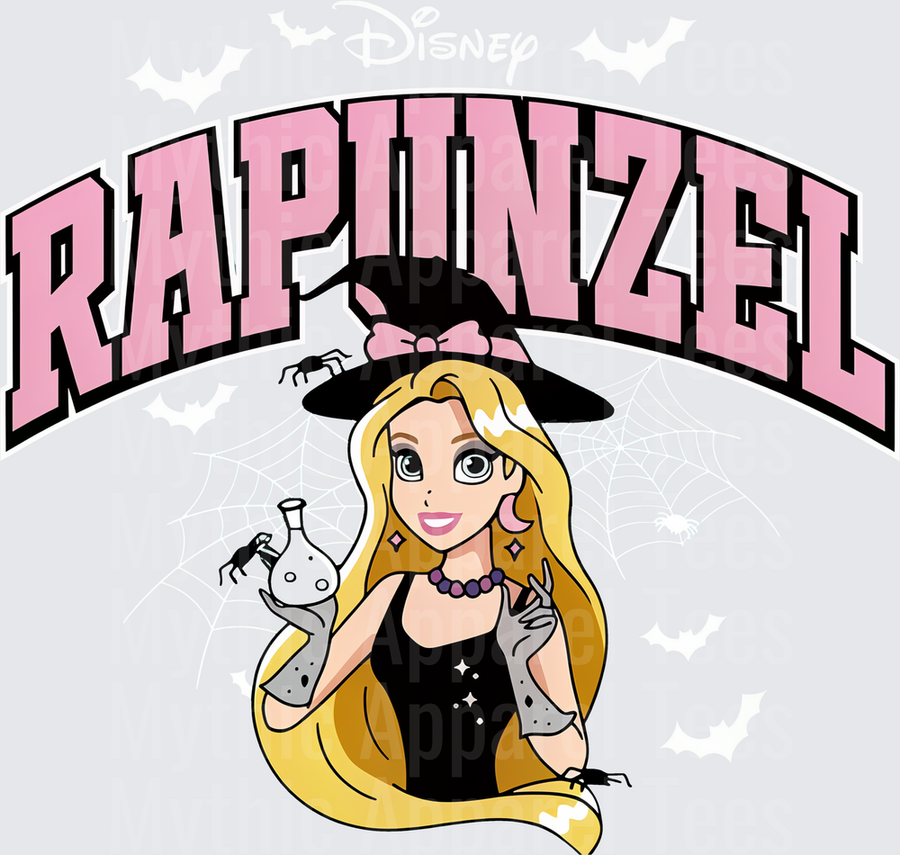Rapunzel Halloween Witch with Spiders and Potion Bottle Collegiate Arched Pink Varsity Text