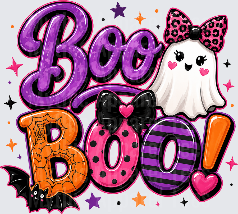 Halloween Boo Boo Cute Ghost with Leopard Bow Pink Polka Dot Spider Web Letters Bat Stars Girly Halloween Design