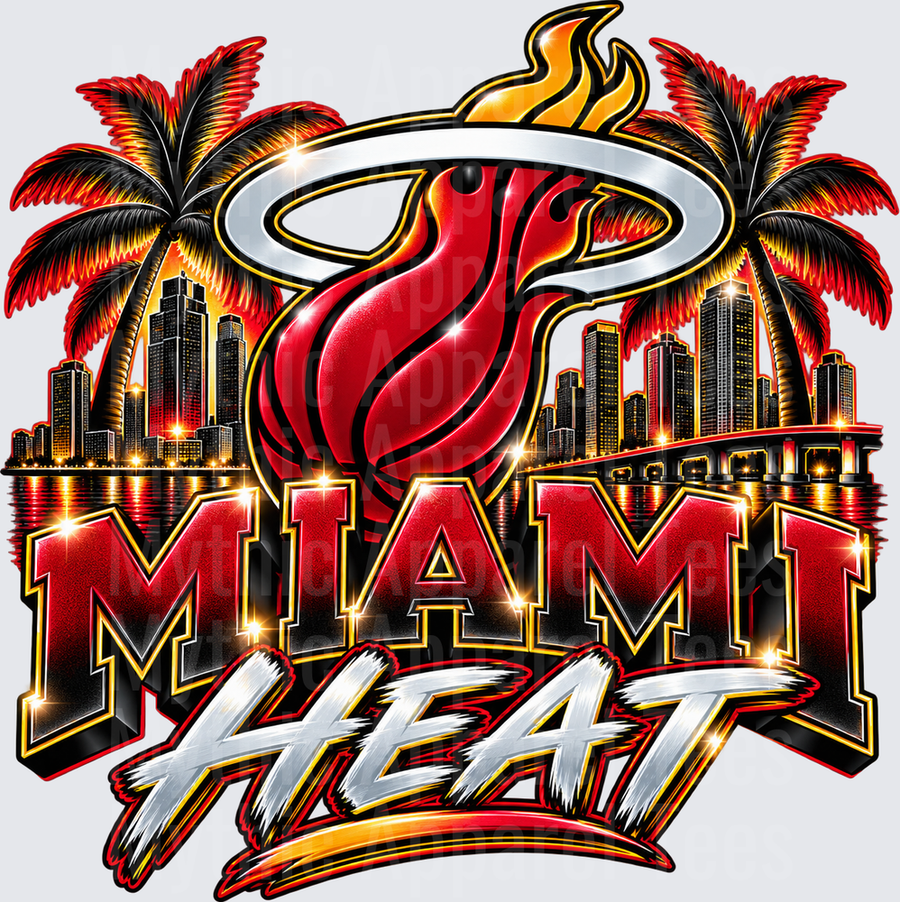 Miami Heat Flaming Basketball Logo with City Skyline and Palm Trees Bold Graphic Design