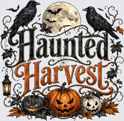 Haunted Harvest Halloween Typography with Ravens Full Moon Jack-o-Lanterns Bats and Vintage Lantern Fall Leaves Gothic Vine Design