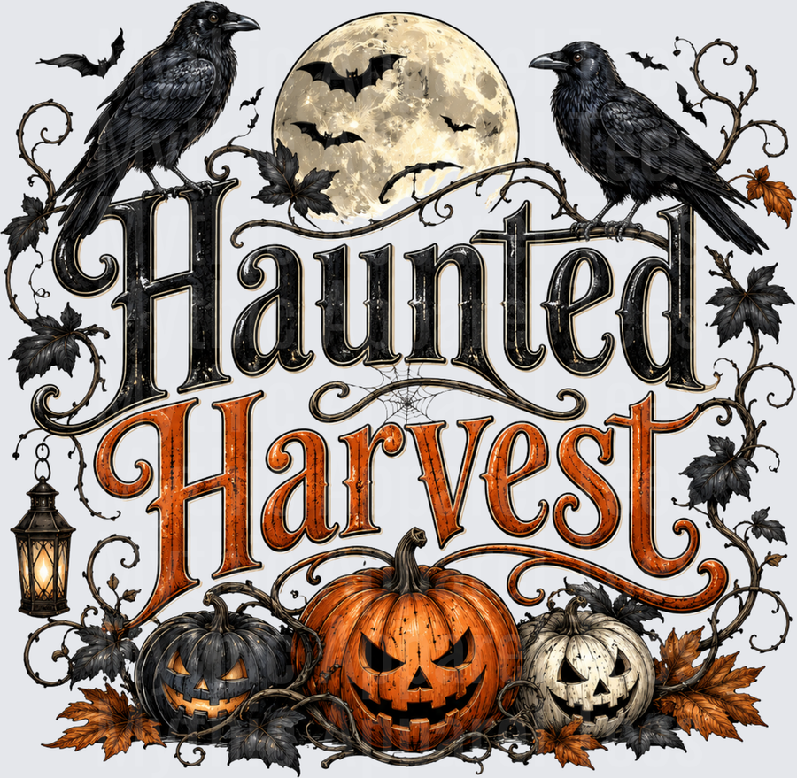 Haunted Harvest Halloween Typography with Ravens Full Moon Jack-o-Lanterns Bats and Vintage Lantern Fall Leaves Gothic Vine Design