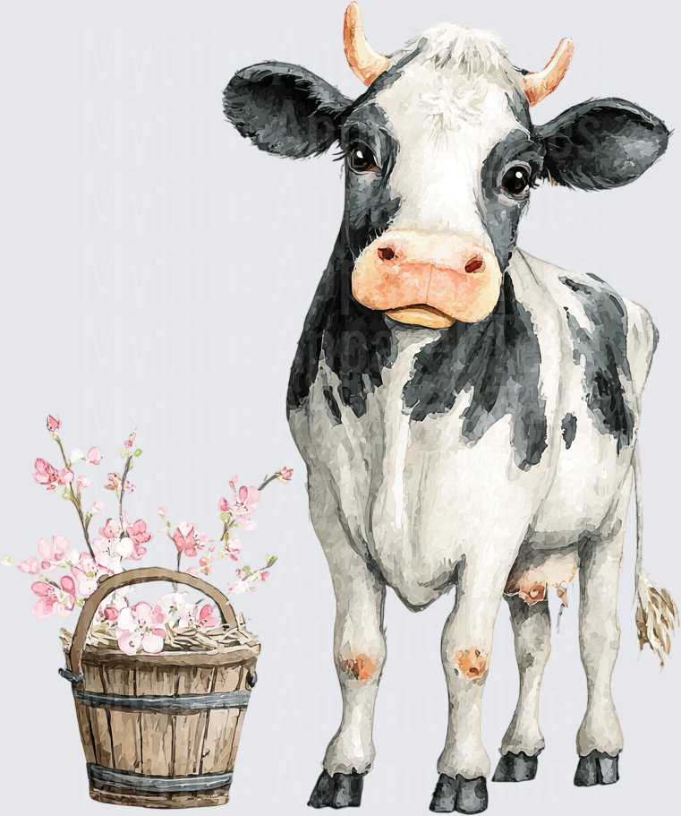 Watercolor Black and White Holstein Cow with Rustic Wooden Basket of Pink Cherry Blossoms
