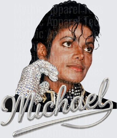 Michael Jackson Portrait with Iconic Rhinestone Glove and Silver Script Name Graphic