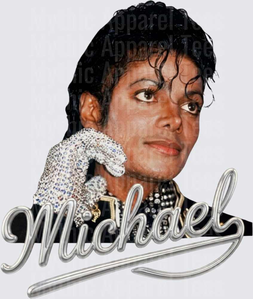 Michael Jackson Portrait with Iconic Rhinestone Glove and Silver Script Name Graphic