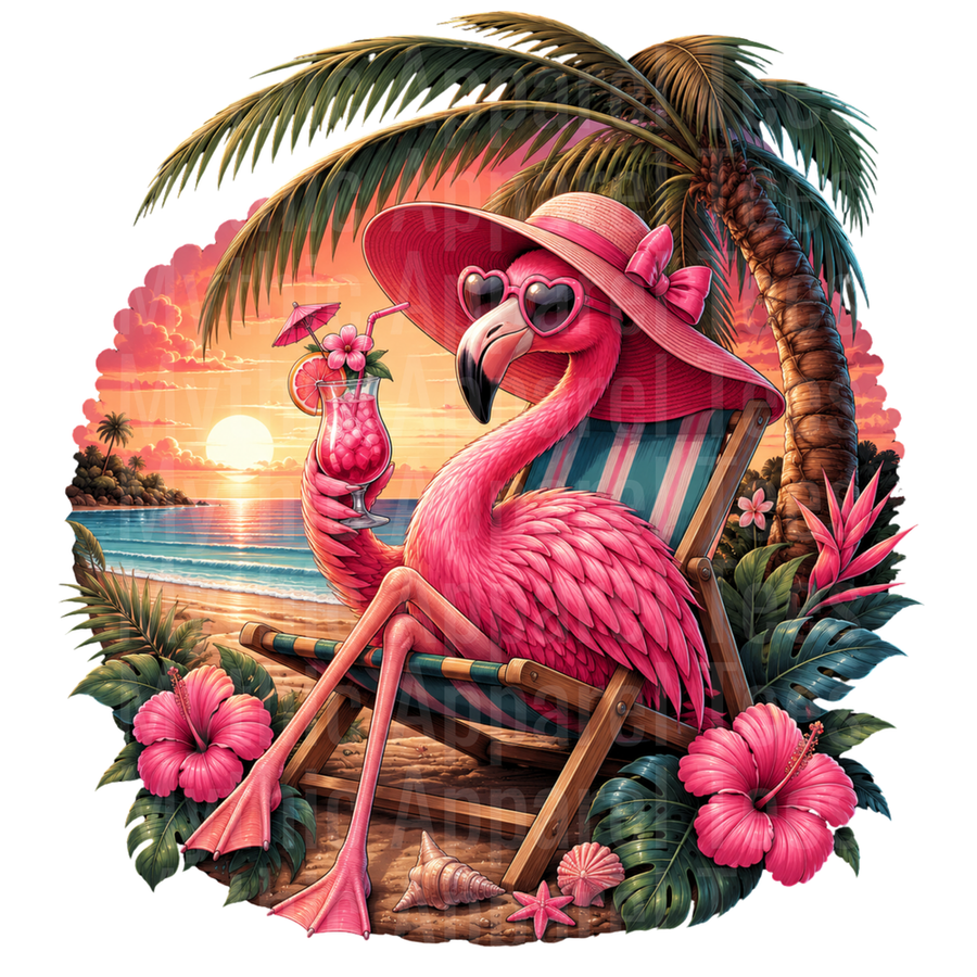 Flamingo Sipping Tropical Cocktail on Beach Chair at Sunset