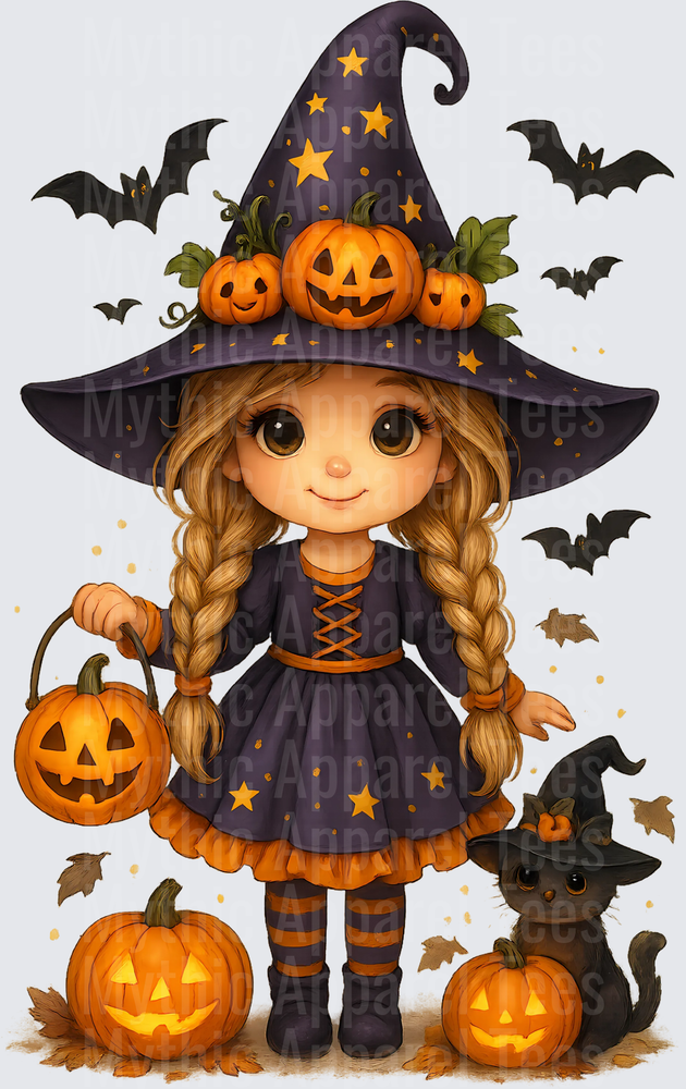 Cute Little Witch Girl with Braids Jack-o-Lantern Basket Mini Witch Hat Black Cat Pumpkins and Flying Bats Halloween