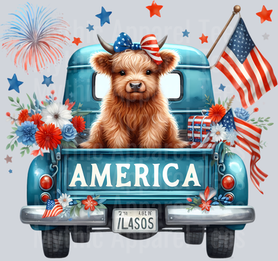 Blue truck with Fireworks and American Flag DTF Patriotic Highland Cow Transfers
