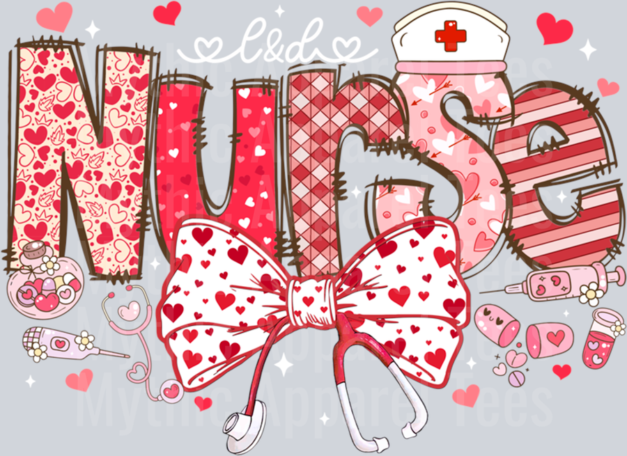 AZ861 L&D Nurse Stethoscope Coquette Bow Heart Valentine Nursing Long Sleeve T-Shirt