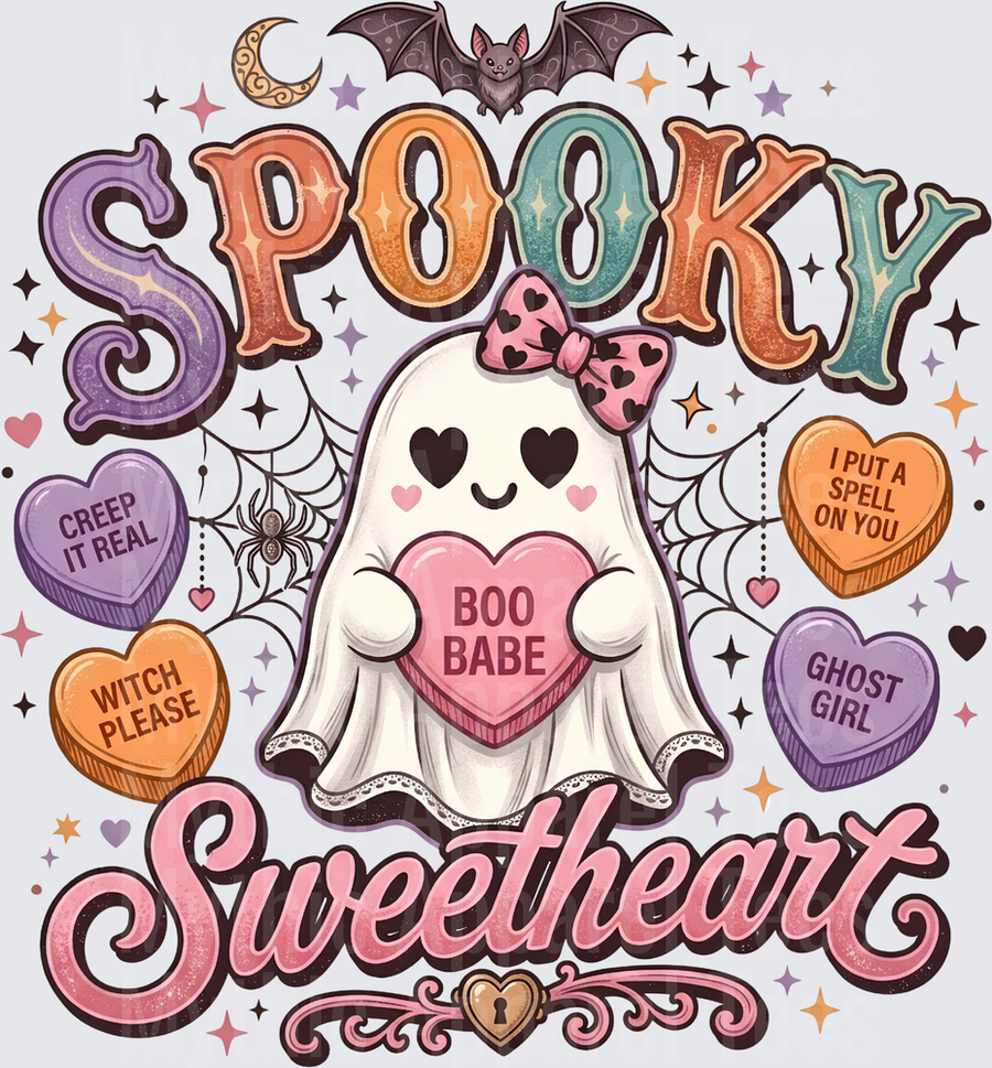 Spooky Sweetheart Cute Ghost Girl with Halloween Candy Hearts Boo Babe Witch Please Ghost Girl Creep It Real I Put A Spell On You Bat Spider Web Retro Groovy