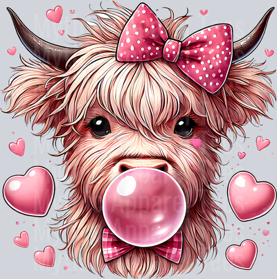 210 Highland Cow Valentines Blowing Bubble Bubblegum Hearts Bow T-Shirt