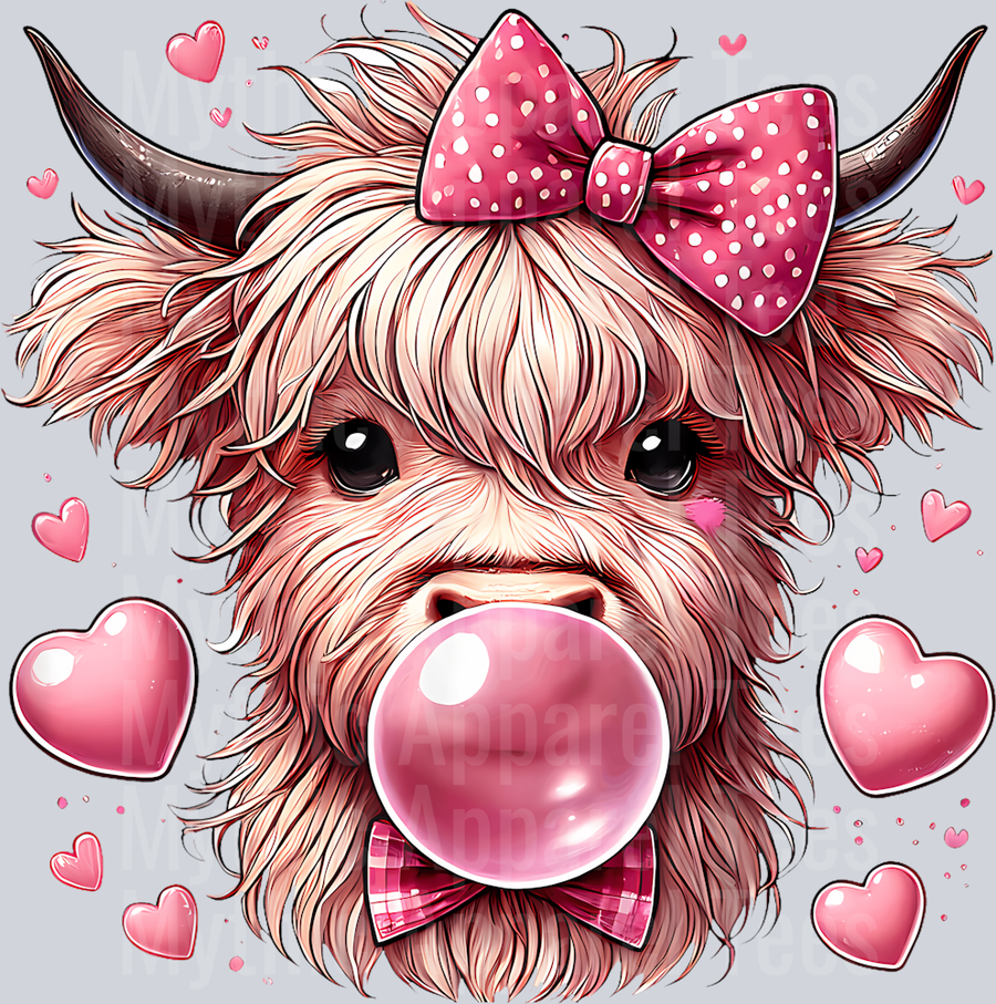 210 Highland Cow Valentines Blowing Bubble Bubblegum Hearts Bow T-Shirt