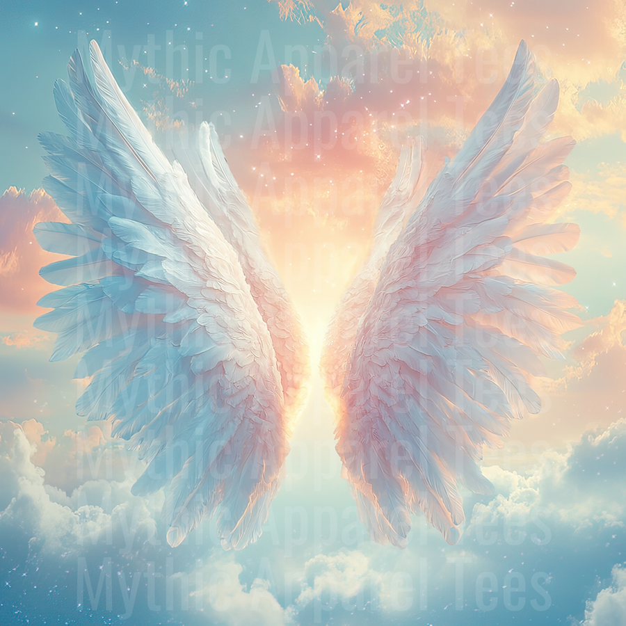 Angel Wings Glowing Heavenly Feathers Pastel Sky Clouds