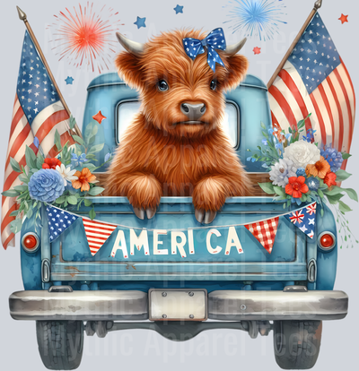 Blue Truck with American Flags DTF Patriotic Highland Cow Transfers
