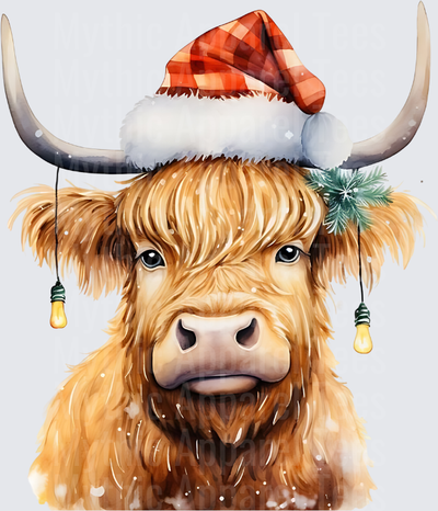 Highland Christmas Cow Watercolor Santa Hat String Lights