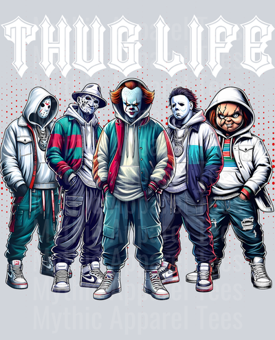 White Pointy Letters and dots THUG LIFE Freddy Krueger Jason Vorhees Michael Myers Pennywise Frankenstein Gangster Pose Horror Movie DTF Thug Life Transfers
