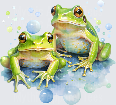 Watercolor Green Tree Frogs Sitting in Blue Water with Floating Bubbles
