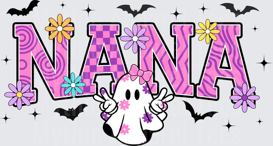 Halloween Nana Groovy Ghost with Pink Bow Peace Sign Floral Bats Retro Checkered Letters