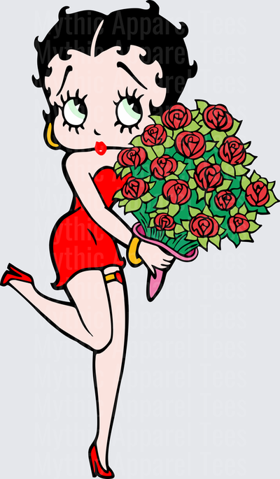 Betty Boop in Red Dress Holding Large Bouquet of Red Roses