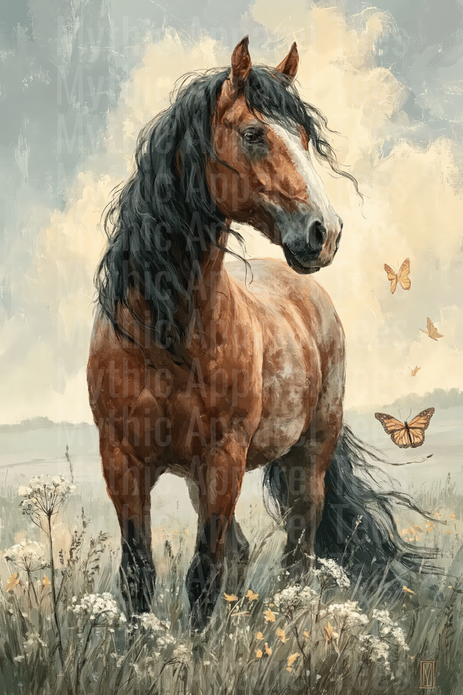 Majestic Bay Horse with Black Mane Standing in Wildflower Field with Monarch Butterflies