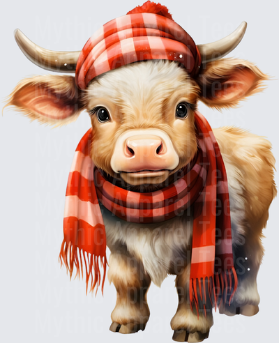 Highland Christmas Cow Red Buffalo Plaid Hat and Scarf