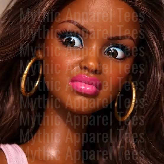 Black Barbie Doll Face Close-Up with Gold Hoop Earrings Pink Lips and Blue Eyeshadow Brown Hair