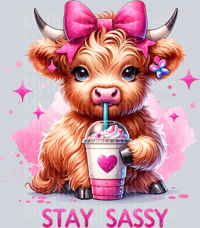 Stay Sassy Highland Cow with coffee and heart DTF Valentines Day Transfers