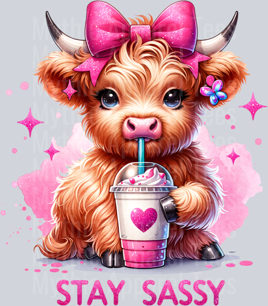 Stay Sassy Highland Cow with coffee and heart DTF Valentines Day Transfers