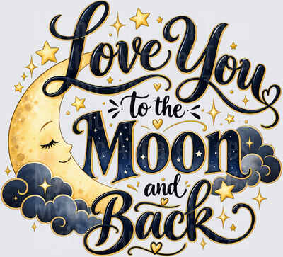 Love You to the Moon and Back Sleepy Crescent Moon Navy Gold Stars and Clouds Script Typography