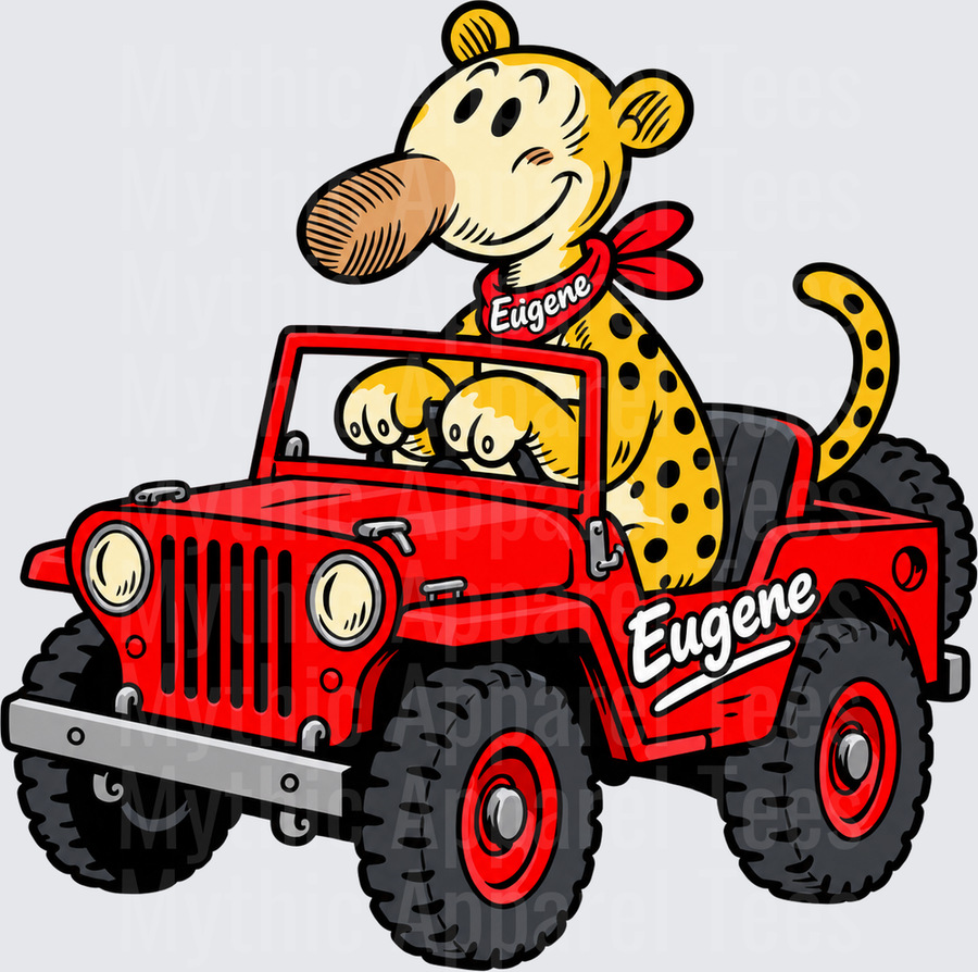 Eugene the Jeep Cartoon Character Driving Red Off-Road Jeep with Red Bandana and Bold Black Spots