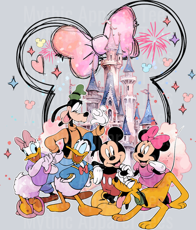 Mickey Mouse and crew pink bow castle DTF Disney Castle Transfers