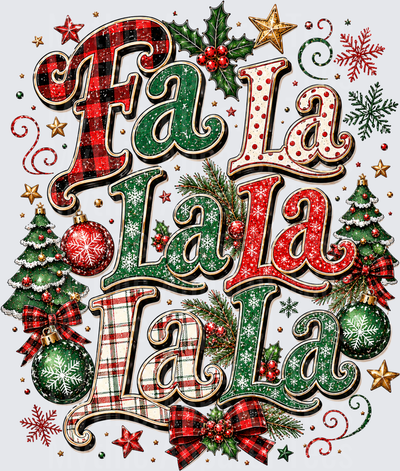 Fa La La La La La La La La Buffalo Plaid Plaid Holiday Christmas Typography with Holly Ornaments Snowflakes and Christmas Trees