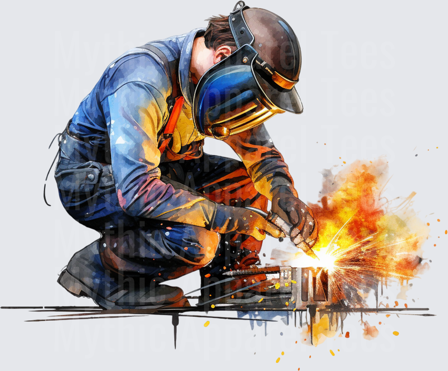 Watercolor Welder Kneeling with Sparks Flying Welding Helmet Blue Worksuit