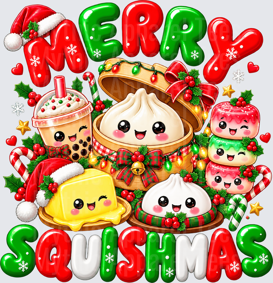 Merry Squishmas Cute Kawaii Asian Food Characters Christmas Holiday Design with Bubble Tea Dim Sum Dumplings Butter Mochi and Festive Holly