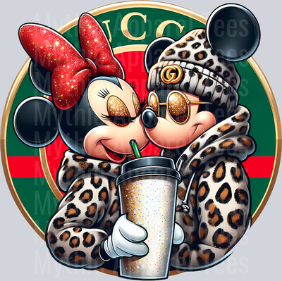 Mickey and Minnie kissing Leopard Print Disney DTF Gucci Mickey Transfers