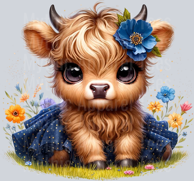 Cute Highland Cow Baby Blue Dark Blue Flowers DTF Precious Highland Cow Transfers