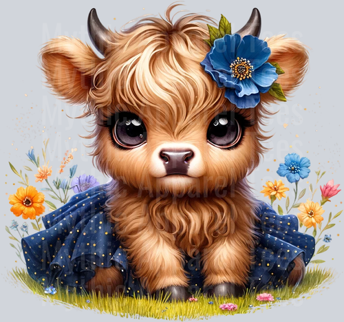 Cute Highland Cow Baby Blue Dark Blue Flowers DTF Precious Highland Cow Transfers