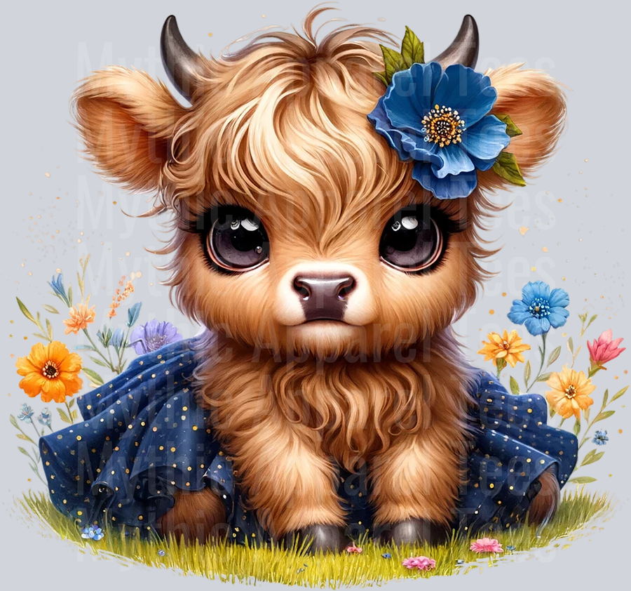 Cute Highland Cow Baby Blue Dark Blue Flowers DTF Precious Highland Cow Transfers