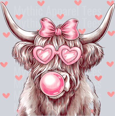 213 Womens Highland Cow Pink Bubble Gum Sunglasess Coquette Bow Girly V-Neck T-Shirt