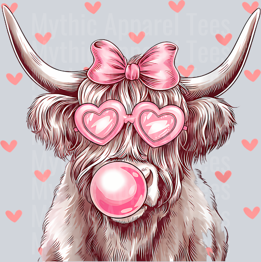 213 Womens Highland Cow Pink Bubble Gum Sunglasess Coquette Bow Girly V-Neck T-Shirt