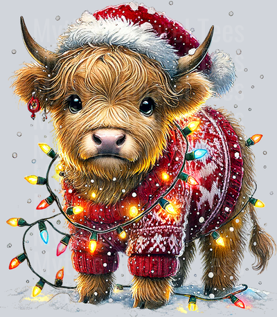 Cute Highland Cow Santa Sweater Christmas Tree Lights Winter T-Shirt