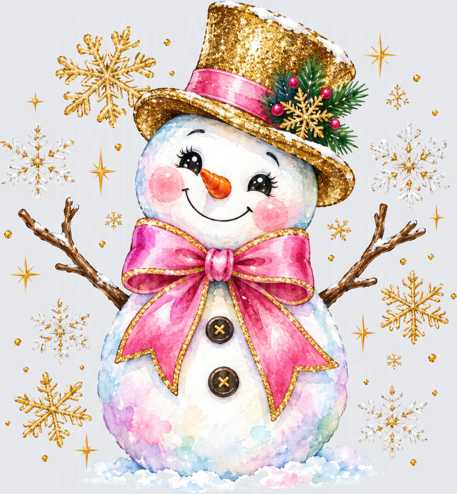 Glam Christmas Snowgirl with Gold Glitter Top Hat Pink Bow and Snowflakes Watercolor