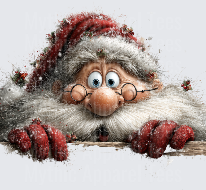 Funny Cartoon Santa Claus Peeking Over Edge with Big Eyes Round Glasses Red Mittens Snowy Hat Holly Berries