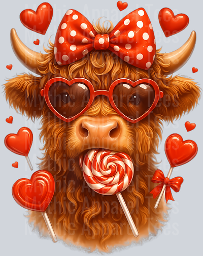 176 Cute Lollipop Highland Cow Valentine_S Day Red Hearth Funny T-Shirt