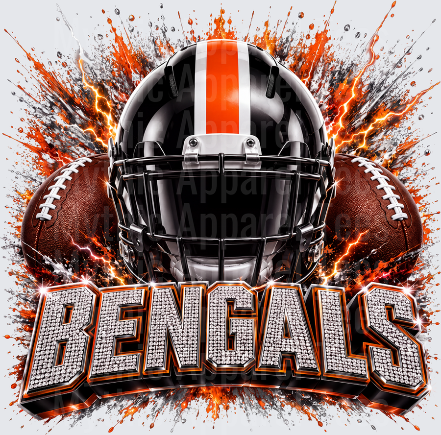 Rhinestone Style NFL Bengals Black Orange Football Helmet Lightning Explosion Bling Lettering Design
